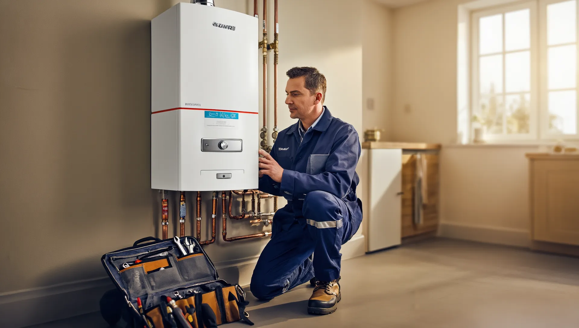 Engineer servicing a modern combi boiler
